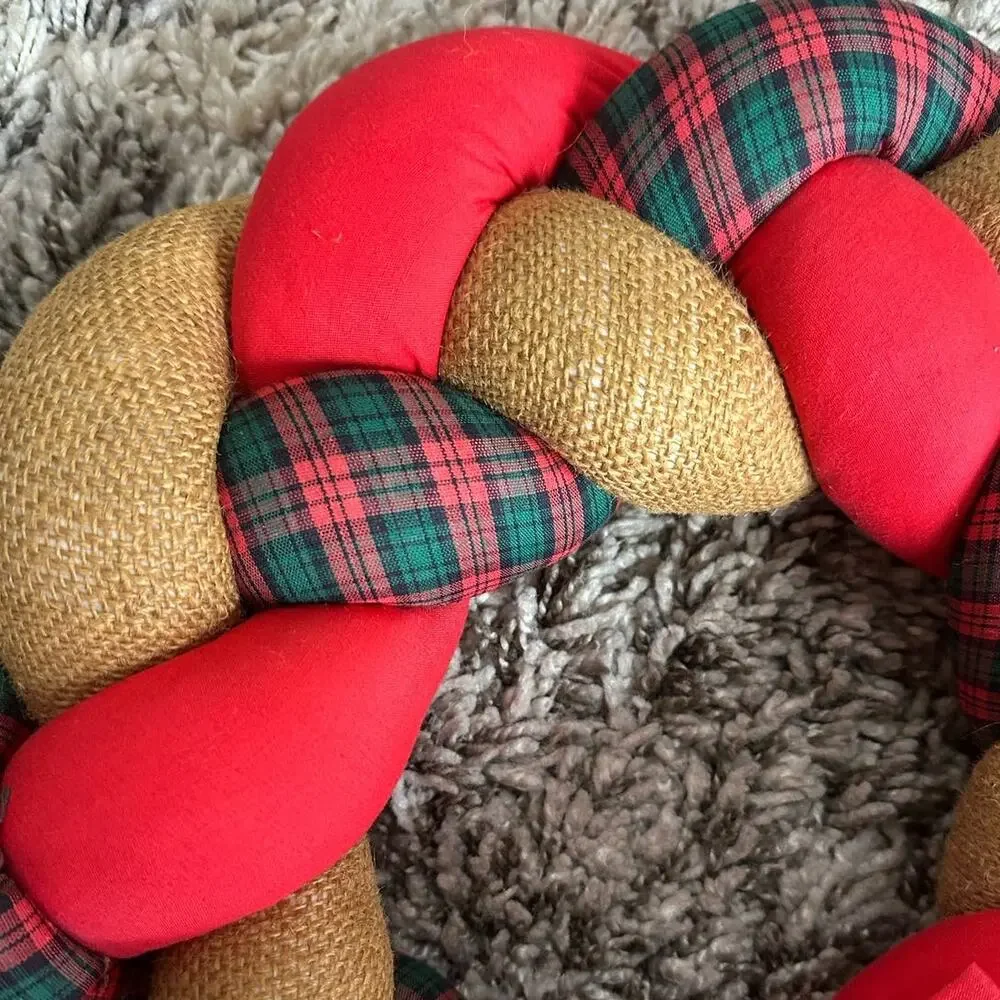 Braided Burlap Fabric Plaid Christmas Wreath Stuffed Handmade Rustic Farmhouse